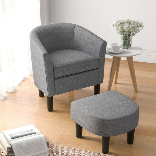 Linen Upholstered Barrel Accent Chair with Matching Ottoman, Grey