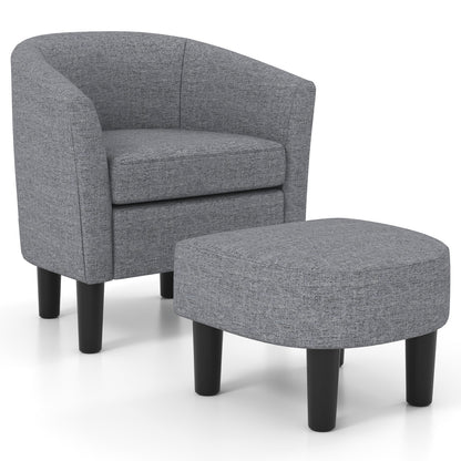 Linen Upholstered Barrel Accent Chair with Matching Ottoman, Grey