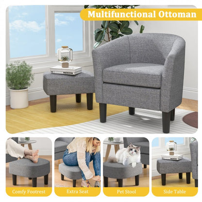 Linen Upholstered Barrel Accent Chair with Matching Ottoman, Grey