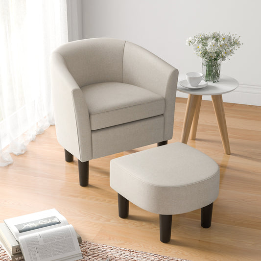 Linen Upholstered Barrel Accent Chair with Matching Ottoman, Beige