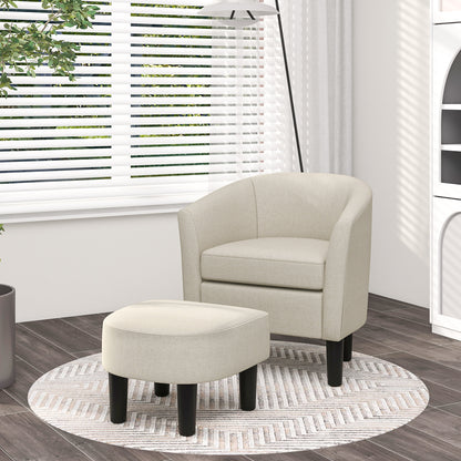 Linen Upholstered Barrel Accent Chair with Matching Ottoman, Beige