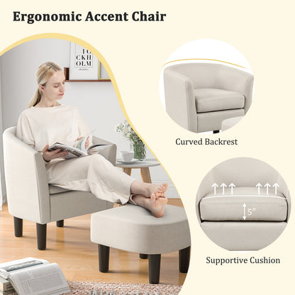 Linen Upholstered Barrel Accent Chair with Matching Ottoman, Beige