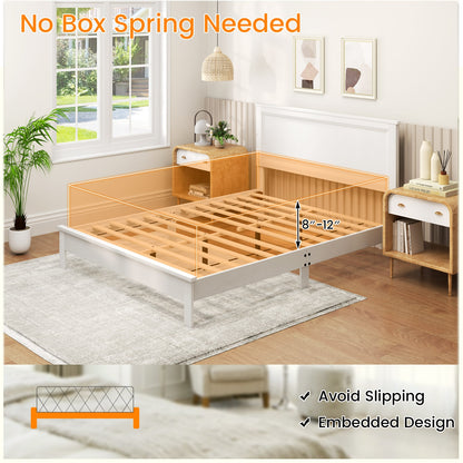 Premium Queen Size Platform Bed Frame with High Headboard and Slatted Base – White