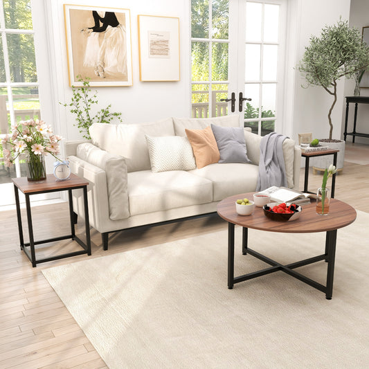 Modern 3-Piece Living Room Table Set with Round Coffee Table and Matching Square Side Tables - Walnut & Black