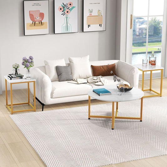 Modern 3-Piece Living Room Table Set with Round Coffee Table and Matching Square Side Tables - White & Gold