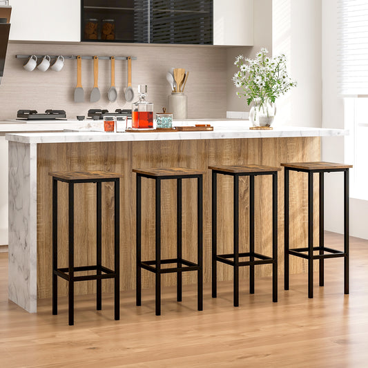 Industrial Bar Stools with Metal Frame and Footrest, Set of 4