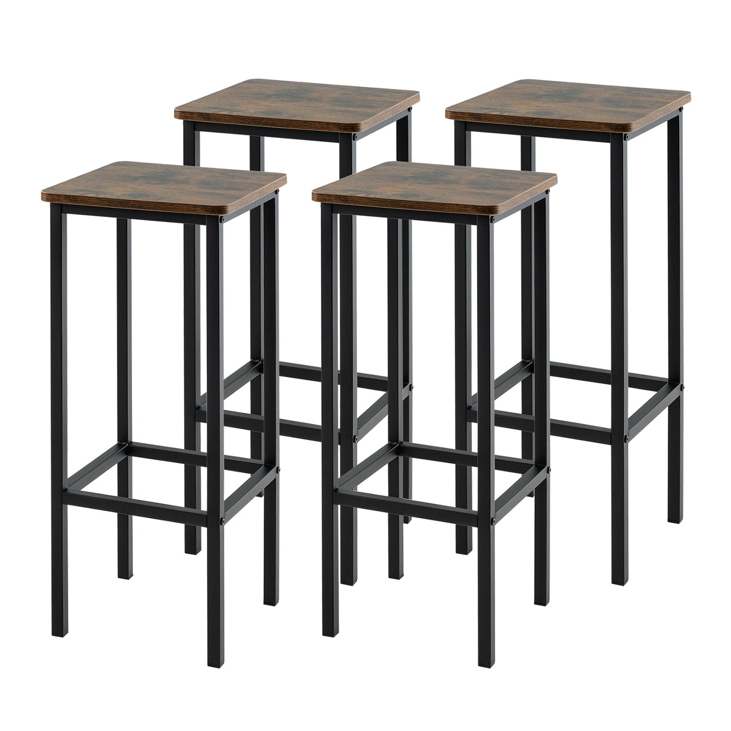Industrial Bar Stools with Metal Frame and Footrest, Set of 4