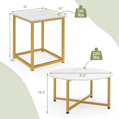 Modern 3-Piece Living Room Table Set with Round Coffee Table and Matching Square Side Tables - White & Gold