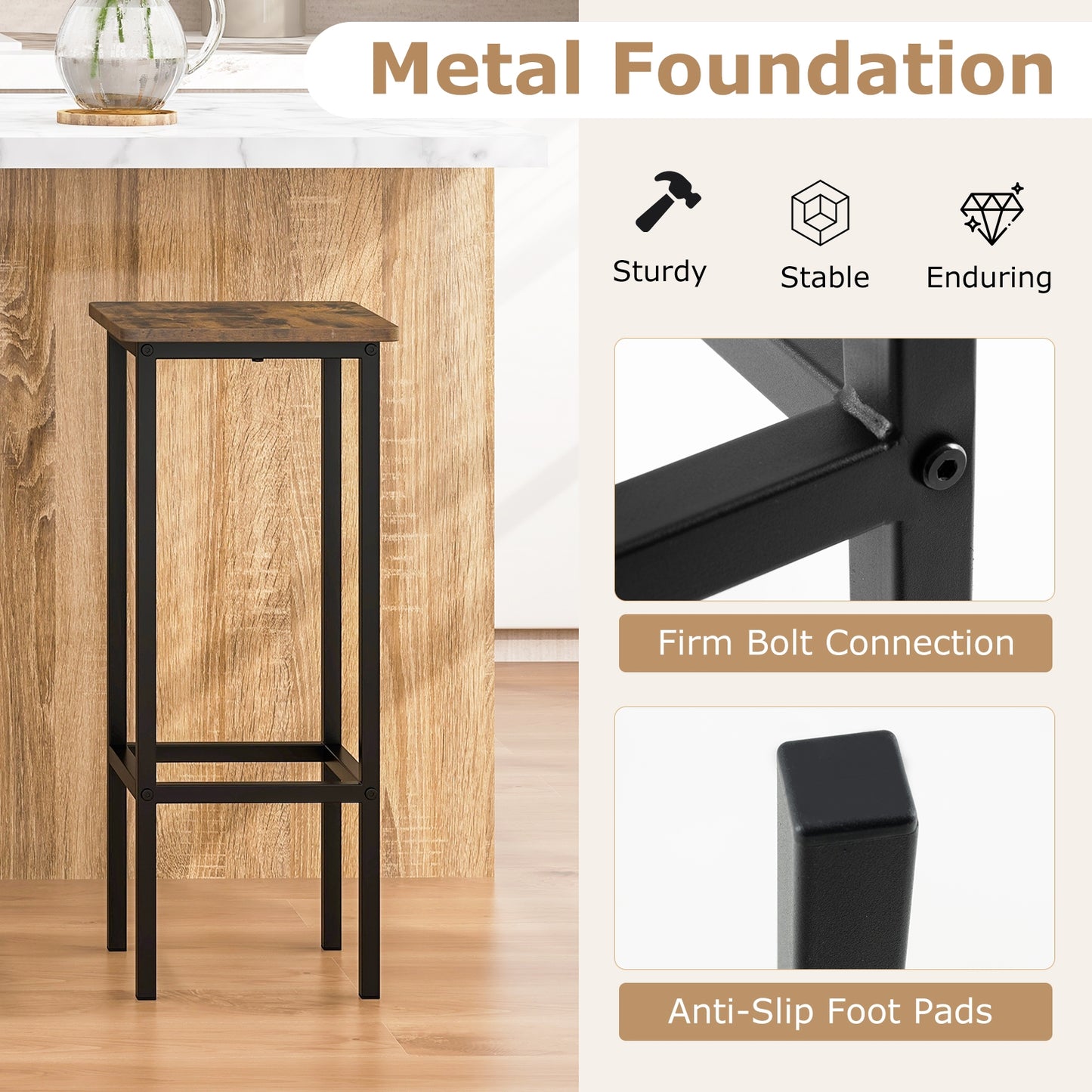 Industrial Bar Stools with Metal Frame and Footrest, Set of 4