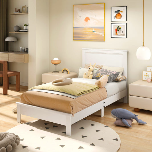 Premium Twin Size Platform Bed Frame with High Headboard and Slatted Base – White