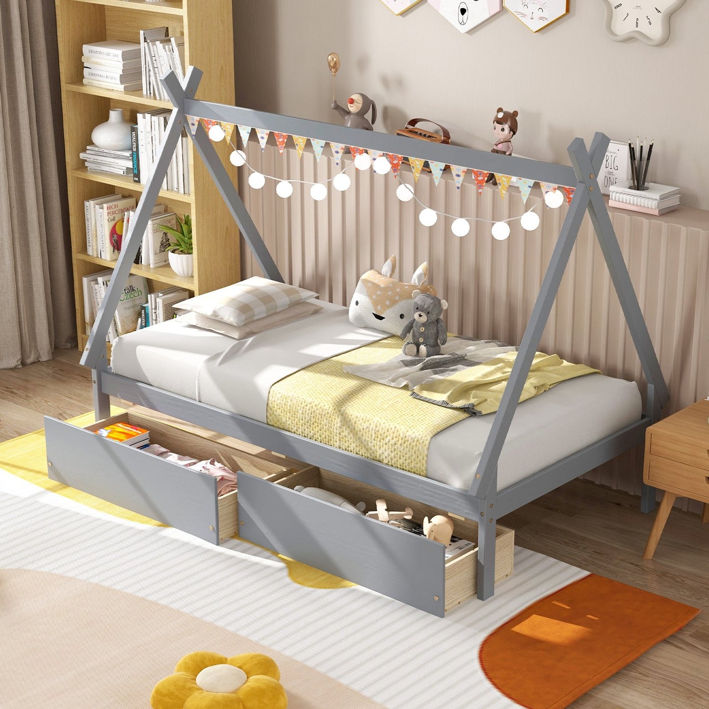 Twin Size House Bed Frame for Kids with Roof Design and 2 Storage Drawers, Solid Wood Platform Bed in Grey