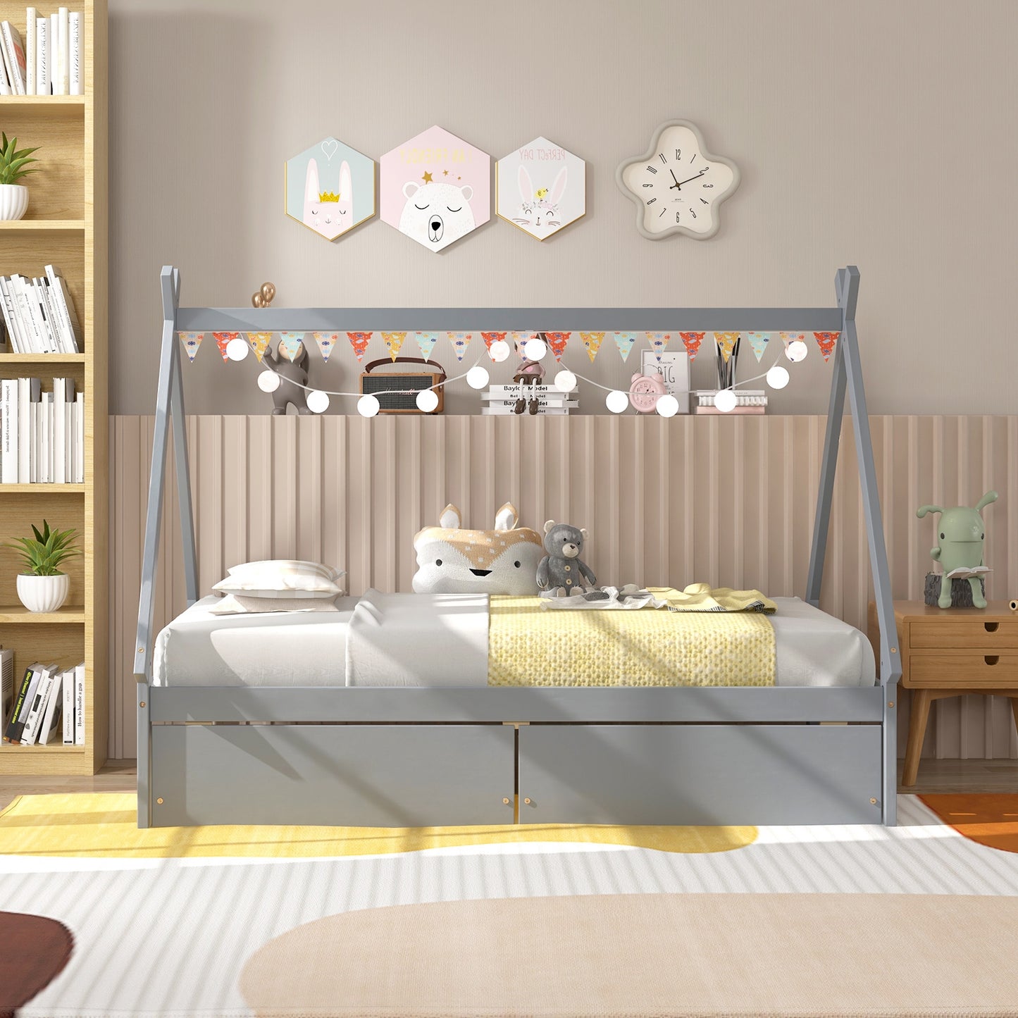 Twin Size House Bed Frame for Kids with Roof Design and 2 Storage Drawers, Solid Wood Platform Bed in Grey