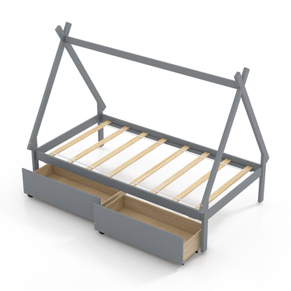 Twin Size House Bed Frame for Kids with Roof Design and 2 Storage Drawers, Solid Wood Platform Bed in Grey