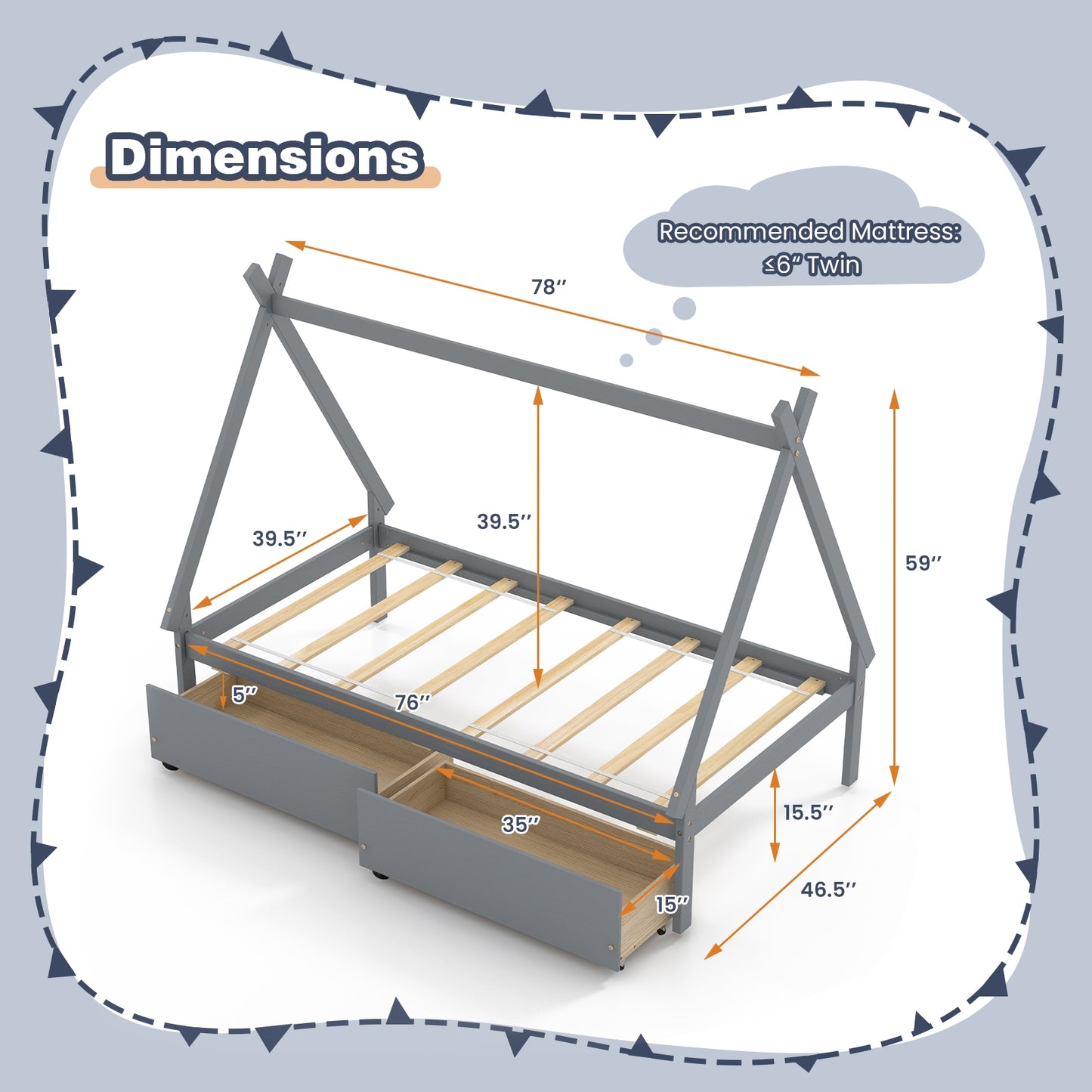 Twin Size House Bed Frame for Kids with Roof Design and 2 Storage Drawers, Solid Wood Platform Bed in Grey