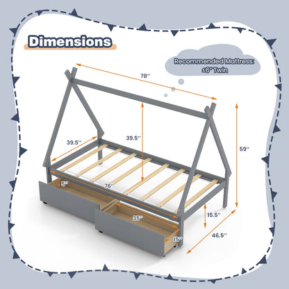 Twin Size House Bed Frame for Kids with Roof Design and 2 Storage Drawers, Solid Wood Platform Bed in Grey