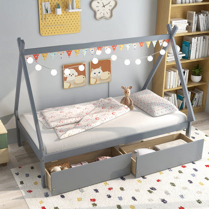 Twin Size House Bed Frame for Kids with Roof Design and 2 Storage Drawers, Solid Wood Platform Bed in Grey