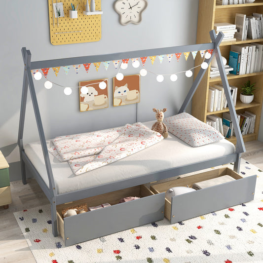 Twin Size House Bed Frame for Kids with Roof Design and 2 Storage Drawers, Solid Wood Platform Bed in Grey