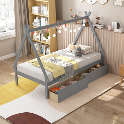Twin Size House Bed Frame for Kids with Roof Design and 2 Storage Drawers, Solid Wood Platform Bed in Grey
