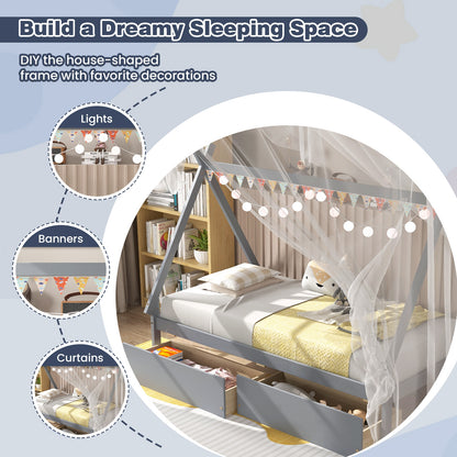 Twin Size House Bed Frame for Kids with Roof Design and 2 Storage Drawers, Solid Wood Platform Bed in Grey