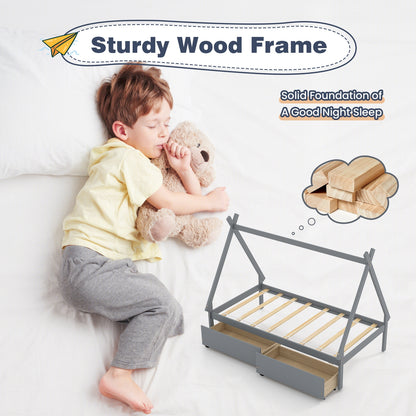 Twin Size House Bed Frame for Kids with Roof Design and 2 Storage Drawers, Solid Wood Platform Bed in Grey