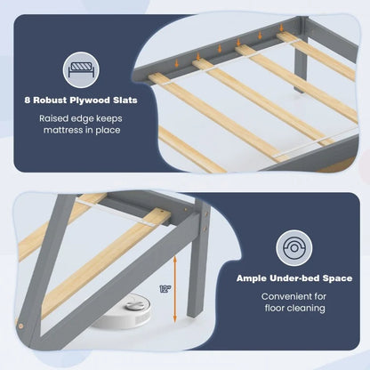 Twin Size House Bed Frame for Kids with Roof Design and 2 Storage Drawers, Solid Wood Platform Bed in Grey