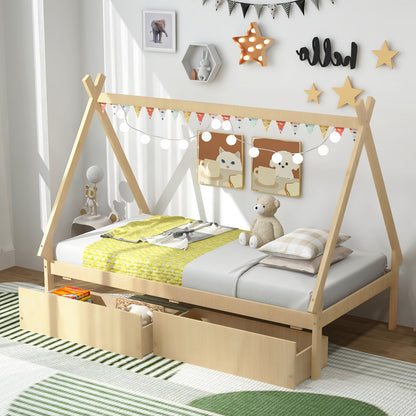 Twin Size House Bed Frame for Kids with Roof Design and 2 Storage Drawers, Solid Wood Platform Bed in Natural