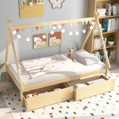 Twin Size House Bed Frame for Kids with Roof Design and 2 Storage Drawers, Solid Wood Platform Bed in Natural