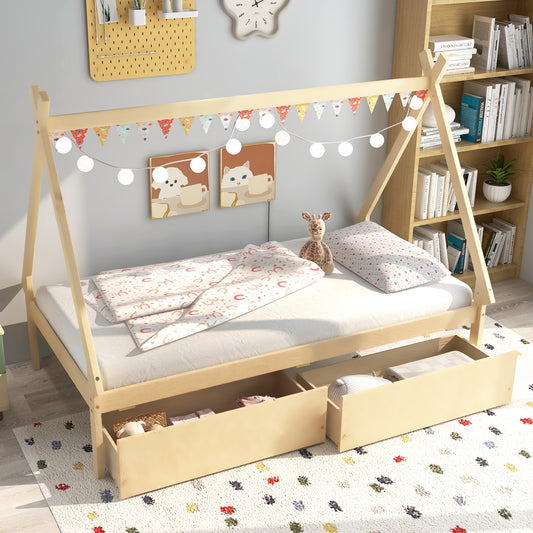 Twin Size House Bed Frame for Kids with Roof Design and 2 Storage Drawers, Solid Wood Platform Bed in Natural