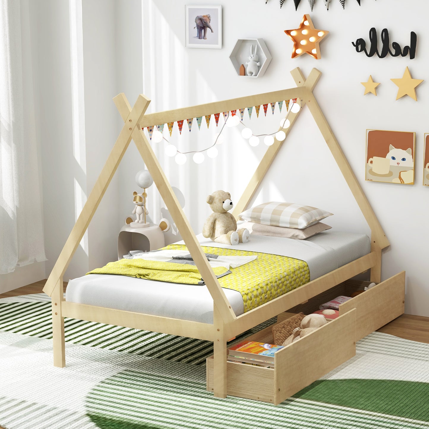 Twin Size House Bed Frame for Kids with Roof Design and 2 Storage Drawers, Solid Wood Platform Bed in Natural