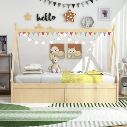 Twin Size House Bed Frame for Kids with Roof Design and 2 Storage Drawers, Solid Wood Platform Bed in Natural