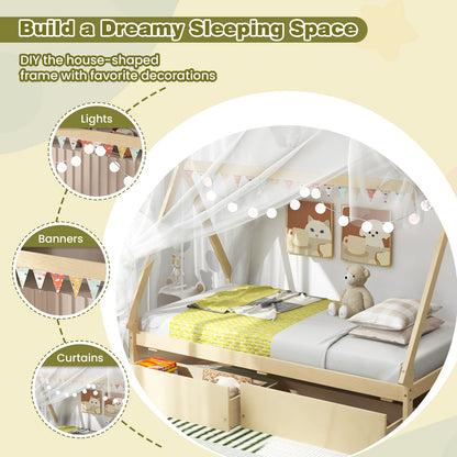 Twin Size House Bed Frame for Kids with Roof Design and 2 Storage Drawers, Solid Wood Platform Bed in Natural