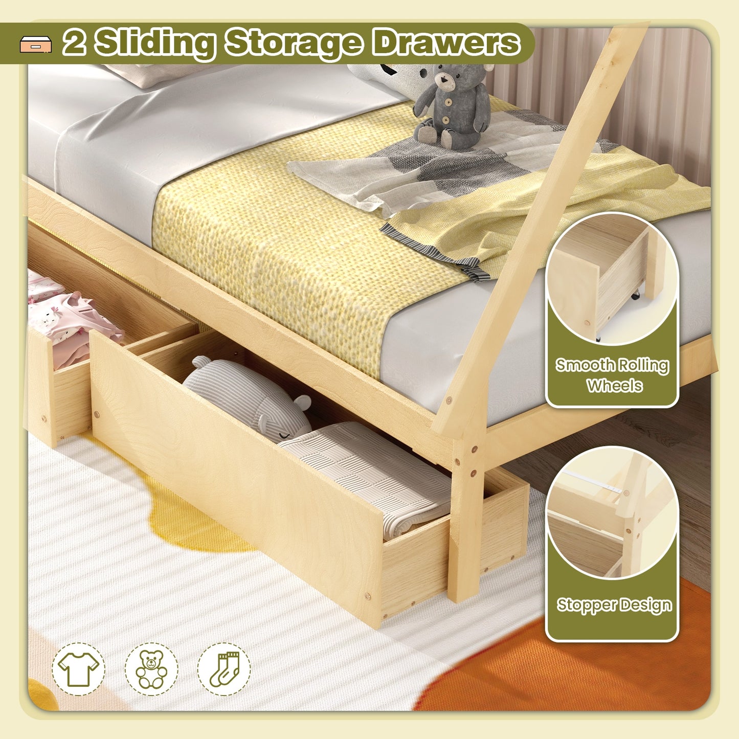 Twin Size House Bed Frame for Kids with Roof Design and 2 Storage Drawers, Solid Wood Platform Bed in Natural