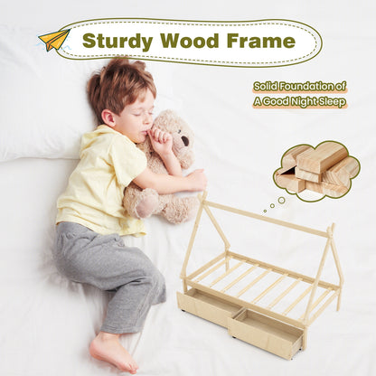 Twin Size House Bed Frame for Kids with Roof Design and 2 Storage Drawers, Solid Wood Platform Bed in Natural