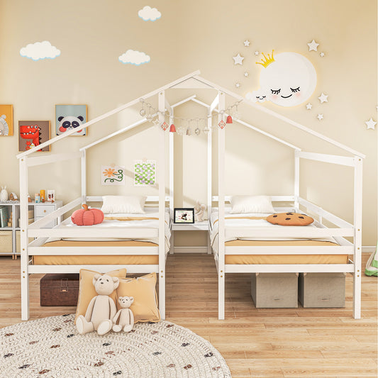 Double Twin Wooden House Bed Frame with Nightstand and Charging Ports for Kids