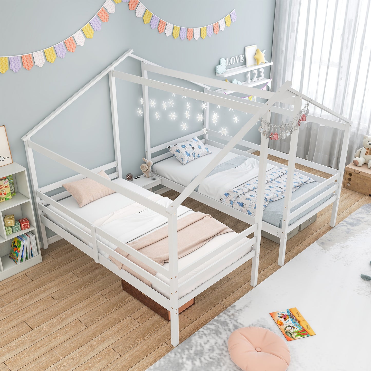 Double Twin Wooden House Bed Frame with Nightstand and Charging Ports for Kids