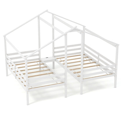 Double Twin Wooden House Bed Frame with Nightstand and Charging Ports for Kids