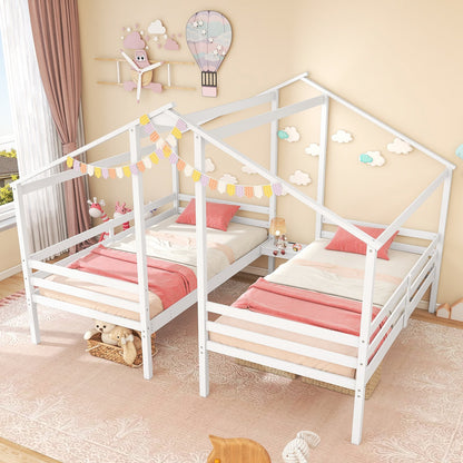 Double Twin Wooden House Bed Frame with Nightstand and Charging Ports for Kids