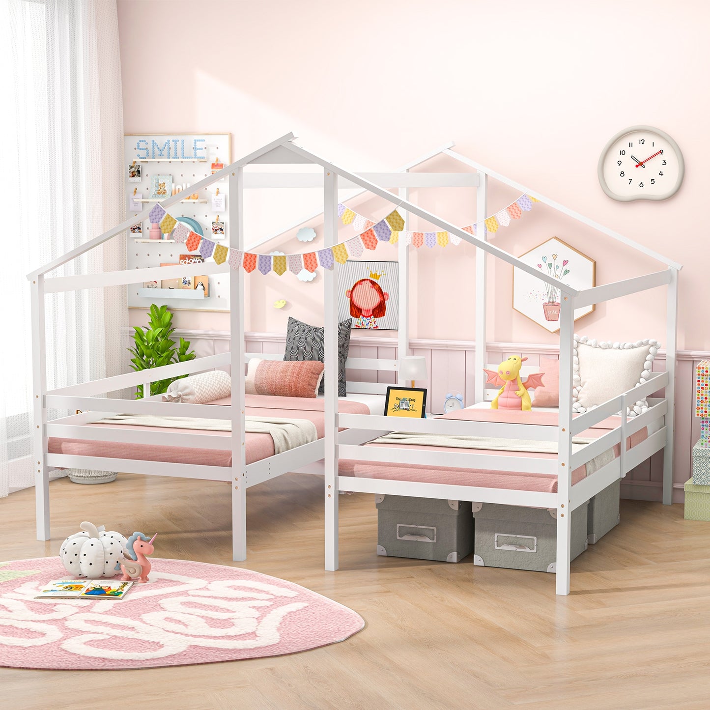 Double Twin Wooden House Bed Frame with Nightstand and Charging Ports for Kids