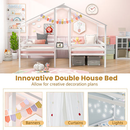 Double Twin Wooden House Bed Frame with Nightstand and Charging Ports for Kids
