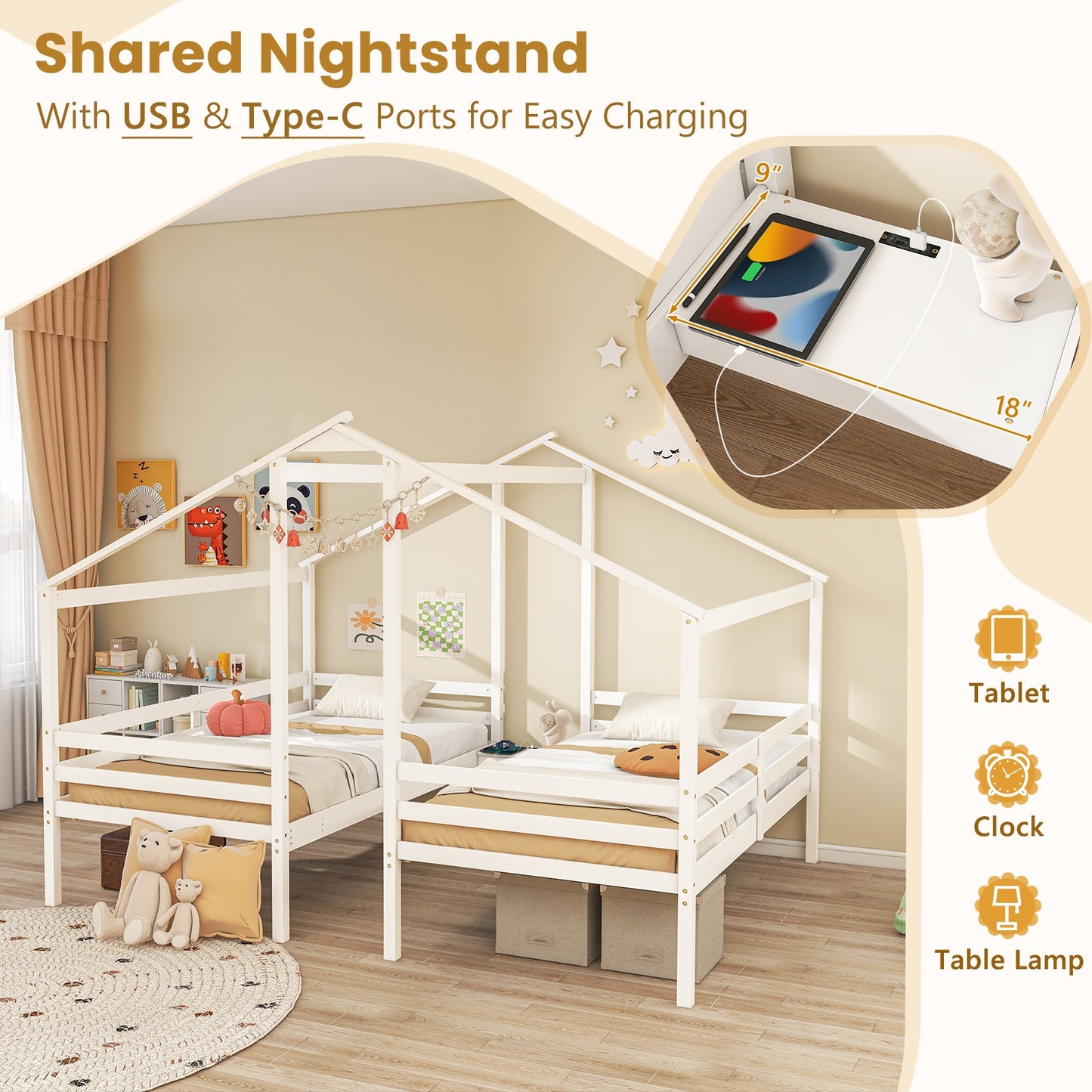 Double Twin Wooden House Bed Frame with Nightstand and Charging Ports for Kids