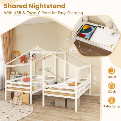Double Twin Wooden House Bed Frame with Nightstand and Charging Ports for Kids