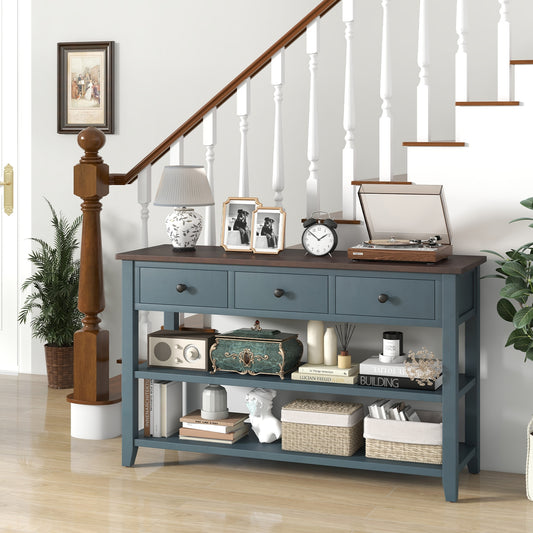 50" Slim Console Table with Farmhouse Style Drawers and Bottom Storage Shelf