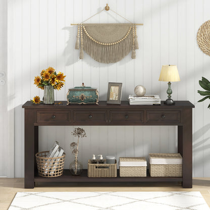 Spacious 63" Farmhouse Entryway Table with 4 Drawers and Open Shelf Storage