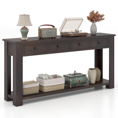 Spacious 63" Farmhouse Entryway Table with 4 Drawers and Open Shelf Storage
