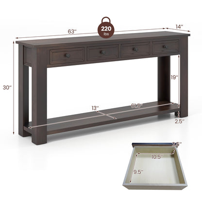 Spacious 63" Farmhouse Entryway Table with 4 Drawers and Open Shelf Storage
