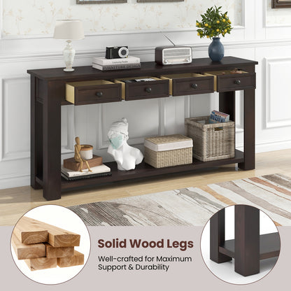 Spacious 63" Farmhouse Entryway Table with 4 Drawers and Open Shelf Storage