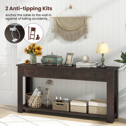 Spacious 63" Farmhouse Entryway Table with 4 Drawers and Open Shelf Storage