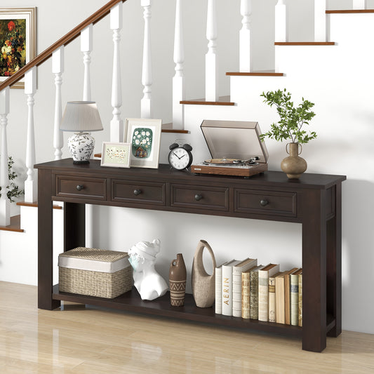 Spacious 63" Farmhouse Entryway Table with 4 Drawers and Open Shelf Storage