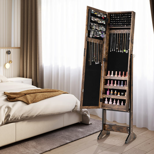 Freestanding Jewelry Cabinet Armoire with Full-Length Mirror and Storage Organizer for Accessories – Brown