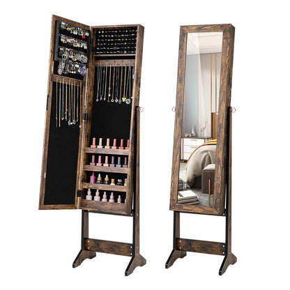 Freestanding Jewelry Cabinet Armoire with Full-Length Mirror and Storage Organizer for Accessories – Brown